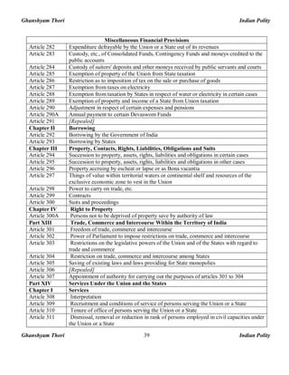 Ghanshyam Thori Indian Polity
Ghanshyam Thori Indian Polity39
Miscellaneous Financial Provisions
Article 282 Expenditure defrayable by the Union or a State out of its revenues
Article 283 Custody, etc., of Consolidated Funds, Contingency Funds and moneys credited to the
public accounts
Article 284 Custody of suitors' deposits and other moneys received by public servants and courts
Article 285 Exemption of property of the Union from State taxation
Article 286 Restriction as to imposition of tax on the sale or purchase of goods
Article 287 Exemption from taxes on electricity
Article 288 Exemption from taxation by States in respect of water or electricity in certain cases
Article 289 Exemption of property and income of a State from Union taxation
Article 290 Adjustment in respect of certain expenses and pensions
Article 290A Annual payment to certain Devaswom Funds
Article 291 [Repealed]
Chapter II Borrowing
Article 292 Borrowing by the Government of India
Article 293 Borrowing by States
Chapter III Property, Contacts, Rights, Liabilities, Obligations and Suits
Article 294 Succession to property, assets, rights, liabilities and obligations in certain cases
Article 295 Succession to property, assets, rights, liabilities and obligations in other cases
Article 296 Property accruing by escheat or lapse or as Bona vacantia
Article 297 Things of value within territorial waters or continental shelf and resources of the
exclusive economic zone to vest in the Union
Article 298 Power to carry on trade, etc.
Article 299 Contracts
Article 300 Suits and proceedings
Chapter IV Right to Property
Article 300A Persons not to be deprived of property save by authority of law
Part XIII Trade, Commerce and Intercourse Within the Territory of India
Article 301 Freedom of trade, commerce and intercourse
Article 302 Power of Parliament to impose restrictions on trade, commerce and intercourse
Article 303 Restrictions on the legislative powers of the Union and of the States with regard to
trade and commerce
Article 304 Restriction on trade, commerce and intercourse among States
Article 305 Saving of existing laws and laws providing for State monopolies
Article 306 [Repealed]
Article 307 Appointment of authority for carrying out the purposes of articles 301 to 304
Part XIV Services Under the Union and the States
Chapter I Services
Article 308 Interpretation
Article 309 Recruitment and conditions of service of persons serving the Union or a State
Article 310 Tenure of office of persons serving the Union or a State
Article 311 Dismissal, removal or reduction in rank of persons employed in civil capacities under
the Union or a State
 