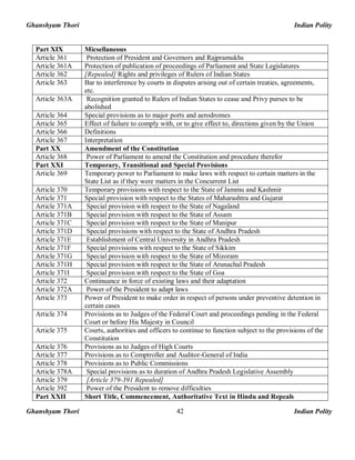 Ghanshyam Thori Indian Polity
Ghanshyam Thori Indian Polity42
Part XIX Micsellaneous
Article 361 Protection of President and Governors and Rajpramukhs
Article 361A Protection of publication of proceedings of Parliament and State Legislatures
Article 362 [Repealed] Rights and privileges of Rulers of Indian States
Article 363 Bar to interference by courts in disputes arising out of certain treaties, agreements,
etc.
Article 363A Recognition granted to Rulers of Indian States to cease and Privy purses to be
abolished
Article 364 Special provisions as to major ports and aerodromes
Article 365 Effect of failure to comply with, or to give effect to, directions given by the Union
Article 366 Definitions
Article 367 Interpretation
Part XX Amendment of the Constitution
Article 368 Power of Parliament to amend the Constitution and procedure therefor
Part XXI Temporary, Transitional and Special Provisions
Article 369 Temporary power to Parliament to make laws with respect to certain matters in the
State List as if they were matters in the Concurrent List
Article 370 Temporary provisions with respect to the State of Jammu and Kashmir
Article 371 Special provision with respect to the States of Maharashtra and Gujarat
Article 371A Special provision with respect to the State of Nagaland
Article 371B Special provision with respect to the State of Assam
Article 371C Special provision with respect to the State of Manipur
Article 371D Special provisions with respect to the State of Andhra Pradesh
Article 371E Establishment of Central University in Andhra Pradesh
Article 371F Special provisions with respect to the State of Sikkim
Article 371G Special provision with respect to the State of Mizoram
Article 371H Special provision with respect to the State of Arunachal Pradesh
Article 371I Special provision with respect to the State of Goa
Article 372 Continuance in force of existing laws and their adaptation
Article 372A Power of the President to adapt laws
Article 373 Power of President to make order in respect of persons under preventive detention in
certain cases
Article 374 Provisions as to Judges of the Federal Court and proceedings pending in the Federal
Court or before His Majesty in Council
Article 375 Courts, authorities and officers to continue to function subject to the provisions of the
Constitution
Article 376 Provisions as to Judges of High Courts
Article 377 Provisions as to Comptroller and Auditor-General of India
Article 378 Provisions as to Public Commissions
Article 378A Special provisions as to duration of Andhra Pradesh Legislative Assembly
Article 379 [Article 379-391 Repealed]
Article 392 Power of the President to remove difficulties
Part XXII Short Title, Commencement, Authoritative Text in Hindu and Repeals
 