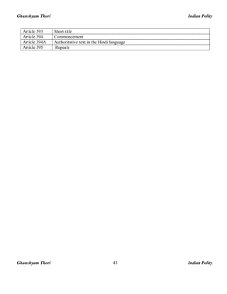 Ghanshyam Thori Indian Polity
Ghanshyam Thori Indian Polity43
Article 393 Short title
Article 394 Commencement
Article 394A Authoritative text in the Hindi language
Article 395 Repeals
 