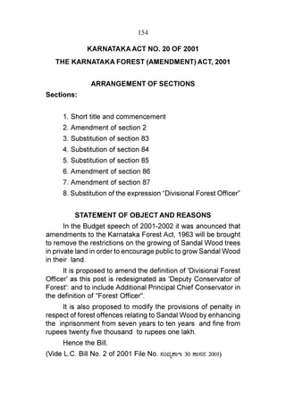 154

               KARNATAKA ACT NO. 20 OF 2001
   THE KARNATAKA FOREST (AMENDMENT) ACT, 2001


                ARRANGEMENT OF SECTIONS
Sections:


      1. Short title and commencement
      2. Amendment of section 2
      3. Substitution of section 83
      4. Substitution of section 84
      5. Substitution of section 85
      6. Amendment of section 86
      7. Amendment of section 87
      8. Substitution of the expression “Divisional Forest Officer”


          STATEMENT OF OBJECT AND REASONS
       In the Budget speech of 2001-2002 it was anounced that
amendments to the Karnataka Forest Act, 1963 will be brought
to remove the restrictions on the growing of Sandal Wood trees
in private land in order to encourage public to grow Sandal Wood
in their land.
      It is proposed to amend the definition of 'Divisional Forest
Officer' as this post is redesignated as 'Deputy Conservator of
Forest': and to include Additional Principal Chief Conservator in
the definition of "Forest Officer".
     It is also proposed to modify the provisions of penalty in
respect of forest offences relating to Sandal Wood by enhancing
the inprisonment from seven years to ten years and fine from
rupees twenty five thousand to rupees one lakh.
      Hence the Bill.
(Vide L.C. Bill No. 2 of 2001 File No. ÉâªÀâXµÖE 30 µÖÉâ}â 2001)
 