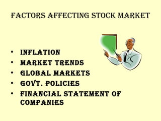 FACTORS AFFECTING STOCK MARKET INFLATION MARKET TRENDS GLOBAL MARKETS GOVT. POLICIES FINANCIAL STATEMENT OF COMPANIES 