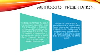 METHODS OF PRESENTATION

Under one method, the grant
is shown as a deduction from
the gross value of the asset
concerned in arriving at its
book value. The grant is thus
recognised in the profit and
loss statement over the useful
life of a depreciable asset by
way of a reduced
depreciation charge.

Under the other method,
grants related to depreciable
assets are treated as deferred
income which is recognised in
the profit and loss statement
on a systematic and rational
basis over the useful life of the
asset.

 