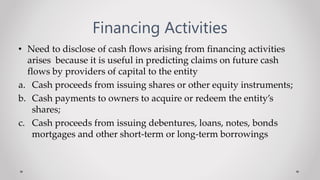 Financing Activities
• Need to disclose of cash flows arising from financing activities
arises because it is useful in predicting claims on future cash
flows by providers of capital to the entity
a. Cash proceeds from issuing shares or other equity instruments;
b. Cash payments to owners to acquire or redeem the entity’s
shares;
c. Cash proceeds from issuing debentures, loans, notes, bonds
mortgages and other short-term or long-term borrowings
 