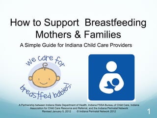 A Simple Guide for Indiana Child Care Providers
How to Support Breastfeeding
Mothers & Families
A Partnership between Indiana State Department of Health, Indiana FSSA Bureau of Child Care, Indiana
Association for Child Care Resource and Referral, and the Indiana Perinatal Network
Revised January 5, 2012 © Indiana Perinatal Network 2012
1
 