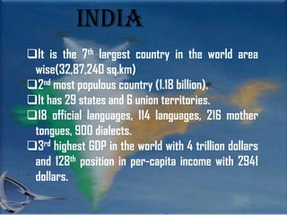 India
It is the 7th largest country in the world area
 wise(32,87,240 sq.km)
2nd most populous country (1.18 billion).
It has 29 states and 6 union territories.
18 official languages, 114 languages, 216 mother
 tongues, 900 dialects.
3rd highest GDP in the world with 4 trillion dollars
 and 128th position in per-capita income with 2941
 dollars.
 