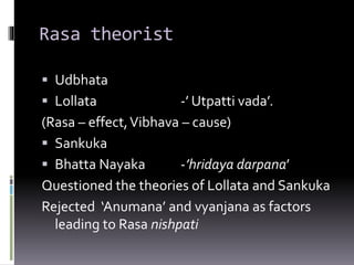 Rasa theorist
 Udbhata
 Lollata -’ Utpatti vada’.
(Rasa – effect,Vibhava – cause)
 Sankuka
 Bhatta Nayaka -’hridaya darpana’
Questioned the theories of Lollata and Sankuka
Rejected ‘Anumana’ and vyanjana as factors
leading to Rasa nishpati
 