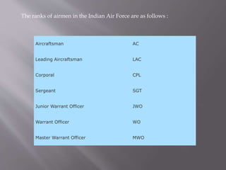 Aircraftsman AC
Leading Aircraftsman LAC
Corporal CPL
Sergeant SGT
Junior Warrant Officer JWO
Warrant Officer WO
Master Warrant Officer MWO
The ranks of airmen in the Indian Air Force are as follows :
 