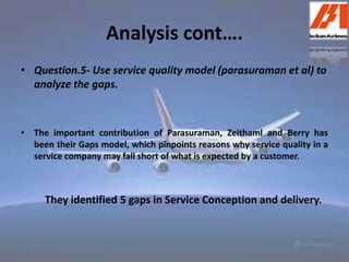 Analysis cont…. 
• Question.5- Use service quality model (parasuraman et al) to 
analyze the gaps. 
• The important contribution of Parasuraman, Zeithaml and Berry has 
been their Gaps model, which pinpoints reasons why service quality in a 
service company may fall short of what is expected by a customer. 
They identified 5 gaps in Service Conception and delivery. 
 