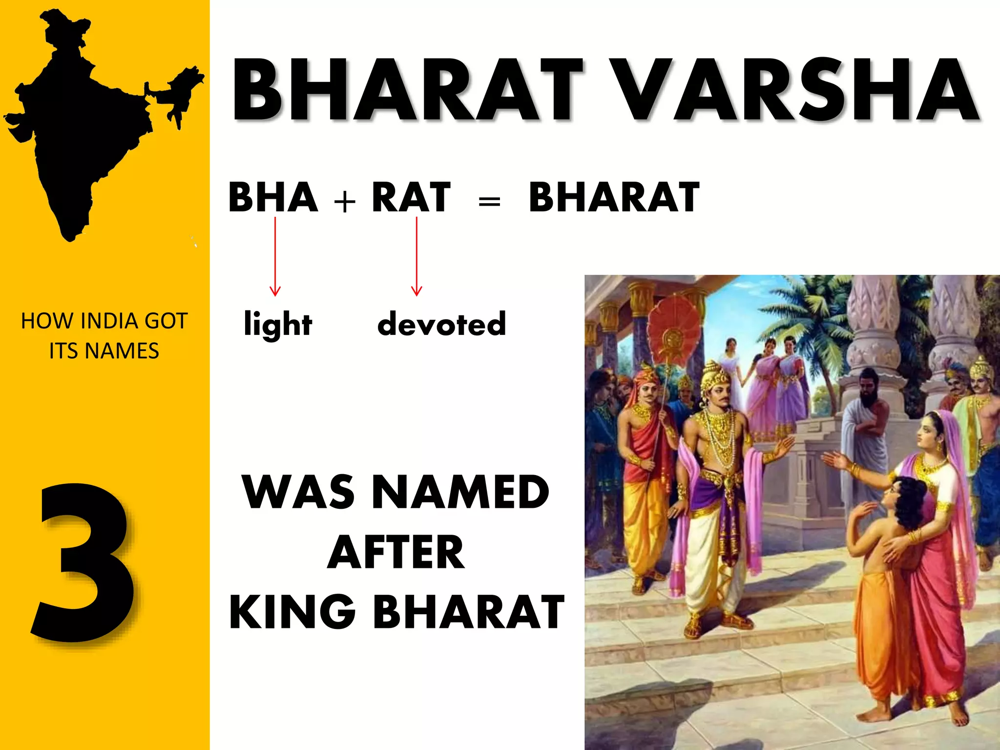 BHARAT VARSHA
HOW INDIA GOT
ITS NAMES
BHA + RAT = BHARAT
light devoted
WAS NAMED
AFTER
KING BHARAT