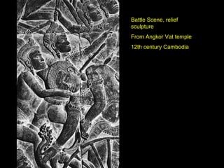 Battle Scene, relief sculpture From Angkor Vat temple 12th century Cambodia 