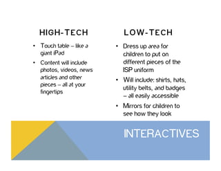 INTERACTIVES
HIGH-TECH
•  Touch table – like a
giant iPad
•  Content will include
photos, videos, news
articles and other
pieces – all at your
fingertips
LOW-TECH
•  Dress up area for
children to put on
different pieces of the
ISP uniform
•  Will include: shirts, hats,
utility belts, and badges
– all easily accessible
•  Mirrors for children to
see how they look
 