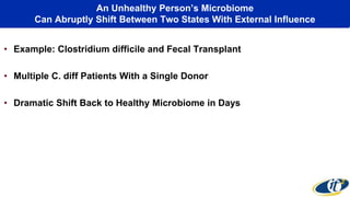 An Unhealthy Person’s Microbiome
Can Abruptly Shift Between Two States With External Influence
• Example: Clostridium difficile and Fecal Transplant
• Multiple C. diff Patients With a Single Donor
• Dramatic Shift Back to Healthy Microbiome in Days
 