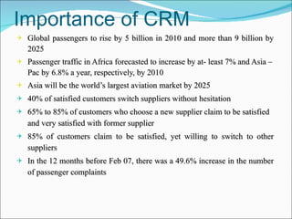 Importance of CRM Global passengers to rise by 5 billion in 2010 and more than 9 billion by 2025 Passenger traffic in Africa forecasted to increase by at- least 7% and Asia –Pac by 6.8% a year, respectively, by 2010 Asia will be the world’s largest aviation market by 2025 40% of satisfied customers switch suppliers without hesitation 65% to 85% of customers who choose a new supplier claim to be satisfied and very satisfied with former supplier 85% of customers claim to be satisfied, yet willing to switch to other suppliers In the 12 months before Feb 07, there was a 49.6% increase in the number of passenger complaints 