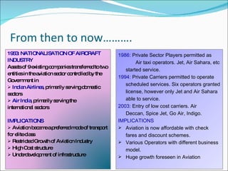 From then to now………. 1986:  Private Sector Players permitted as  Air taxi operators. Jet, Air Sahara, etc started service.  1994:  Private Carriers permitted to operate scheduled services. Six operators granted license, however only Jet and Air Sahara able to service. 2003:  Entry of low cost carriers. Air  Deccan, Spice Jet, Go Air, Indigo. IMPLICATIONS Aviation is now affordable with check fares and discount schemes. Various Operators with different business model. Huge growth foreseen in Aviation 1953: NATIONALISATION OF AIRCRAFT INDUSTRY Assets of 9 existing companies transferred to two entities in the aviation sector controlled by the Government in Indian Airlines , primarily serving domestic sectors  Air India , primarily serving the  international sectors  IMPLICATIONS Aviation became a preferred mode of transport for elite class Restricted Growth of Aviation Industry  High Cost structure  Underdevelopment of infrastructure 