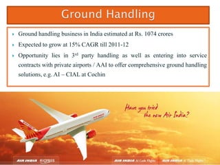  Ground handling business in India estimated at Rs. 1074 crores
 Expected to grow at 15% CAGR till 2011-12
 Opportunity lies in 3rd party handling as well as entering into service
contracts with private airports / AAI to offer comprehensive ground handling
solutions, e.g. AI – CIAL at Cochin
 
