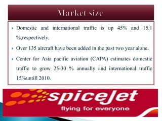  Domestic and international traffic is up 45% and 15.1
%,respectively.
 Over 135 aircraft have been added in the past two year alone.
 Center for Asia pacific aviation (CAPA) estimates domestic
traffic to grow 25-30 % annually and international traffic
15%untill 2010.
 