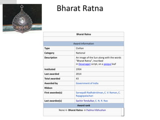 Bharat Ratna 
Bharat Ratna 
Award Information 
Type Civilian 
Category National 
Description An image of the Sun along with the words 
"Bharat Ratna", inscribed 
in Devanagari script, on a peepul leaf 
Instituted 1954 
Last awarded 2014 
Total awarded 43 
Awarded by Government of India 
Ribbon 
First awardee(s) Sarvepalli Radhakrishnan, C. V. Raman, C. 
Rajagopalachari 
Last awardee(s) Sachin Tendulkar, C. N. R. Rao 
Award rank 
None ← Bharat Ratna → Padma Vibhushan 
 