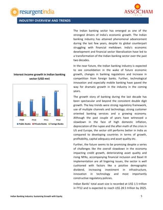  
5 
 
Indian Banking Industry: Sustaining Growth with Equity 
	
	
The  Indian  banking  sector  has  emerged  as  one  of  the 
strongest  drivers  of  India’s  economic  growth.  The  Indian 
banking  industry  has  attained  phenomenal  advancement 
during  the  last  few  years,  despite  its  global  counterpart 
struggling  with  financial  meltdown.  India's  economic 
development and financial sector liberalization have led to 
a transformation of the Indian banking sector over the past 
two decades. 
In the near future, the Indian banking industry is expected 
to  see  consolidation  in  the  wake  of  future  economic 
growth,  changes  in  banking  regulations  and  increase  in 
competition  from  foreign  banks.  Further,  technological 
innovation  and  especially  mobile  banking  have  paved  the 
way  for  dramatic  growth  in  the  industry  in  the  coming 
years. 
The  growth  story  of  banking  during  the  last  decade  has 
been  spectacular  and  beyond  the  consistent  double  digit 
growth. The key trends were strong regulatory framework, 
use of multiple channels and technology; strong customer 
oriented  banking  services  and  a  growing  economy. 
Although  the  past  couple  of  years  have  witnessed  a 
slowdown  in  the  face  of  high  domestic  inflation, 
depreciation of the rupee and the after‐math of the crisis in 
US and Europe, the sector still performs better in India as 
compared  to  developing  countries  in  terms  of  growth, 
profitability, capital adequacy and asset quality etc. 
Further, the future seems to be promising despite a series 
of  challenges  like  the  overall  slowdown  in  the  economy 
impacting  credit  growth,  deteriorating  asset  quality  and 
rising NPAs, accompanying financial inclusion and Basel III 
implementation  are  all  lingering  issues,  the  sector  is  well 
cushioned  with  factors  like  a  positive  demographic 
dividend,  increasing  investment  in  infrastructure, 
innovation  in  technology  and  most  importantly 
constructive regulatory policies. 
Indian Banks’ total asset size is recorded at US$ 1.5 trillion 
in FY12 and is expected to reach US$ 28.5 trillion by 2025. 
INDUSTRY OVERVIEW AND TRENDS
56.9
63.8
76.3
101.0
17.7 17.3 20.2
27.9
6.3 5.5 5.9 7.6
FY09 FY10 FY11 FY12
Public Banks Private Banks Foreign Banks
 
Interest income growth in Indian banking 
sector (USD mn) 
 