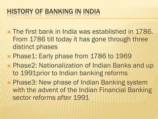 PHASE 1

   The General Bank of India was established in
    1786. Then came the Bank of Hindustan and
    Bengal Bank. T...