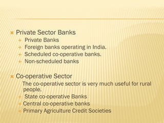    Private Sector Banks
       Private Banks
       Foreign banks operating in India.
       Scheduled co-operative ba...