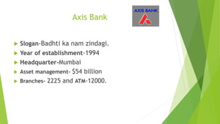 Axis Bank
 Slogan-Badhti ka nam zindagi.
 Year of establishment-1994
 Headquarter-Mumbai
 Asset management- $54 billion
 Branches- 2225 and ATM-12000.
 