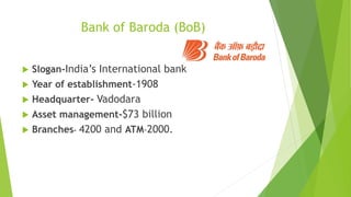 Bank of Baroda (BoB)
 Slogan-India’s International bank
 Year of establishment-1908
 Headquarter- Vadodara
 Asset management-$73 billion
 Branches- 4200 and ATM-2000.
 
