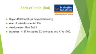 Bank of India (BoI)
 Slogan-Relationships beyond banking.
 Year of establishment-1906
 Headquarter- New Delhi
 Branches- 4187 including 52 overseas and ATM-1700.
 