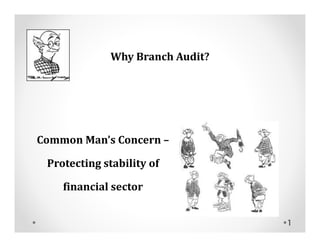 Why Branch Audit?




Common Man’s Concern –

 Protecting stability of

    financial sector


                                  1
 