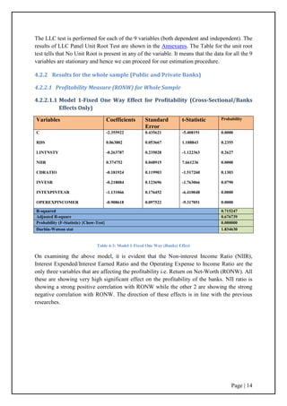 Page | 14
The LLC test is performed for each of the 9 variables (both dependent and independent). The
results of LLC Panel Unit Root Test are shown in the Annexures. The Table for the unit root
test tells that No Unit Root is present in any of the variable. It means that the data for all the 9
variables are stationary and hence we can proceed for our estimation procedure.
4.2.2 Results for the whole sample (Public and Private Banks)
4.2.2.1 Profitability Measure (RONW) for Whole Sample
4.2.2.1.1 Model 1-Fixed One Way Effect for Profitability (Cross-Sectional/Banks
Effects Only)
Table 4-3: Model 1-Fixed One Way (Banks) Effect
On examining the above model, it is evident that the Non-interest Income Ratio (NIIR),
Interest Expended/Interest Earned Ratio and the Operating Expense to Income Ratio are the
only three variables that are affecting the profitability i.e. Return on Net-Worth (RONW). All
these are showing very high significant effect on the profitability of the banks. NII ratio is
showing a strong positive correlation with RONW while the other 2 are showing the strong
negative correlation with RONW. The direction of these effects is in line with the previous
researches.
Variables Coefficients Standard
Error
t-Statistic Probability
C
RDS
LINTNSTY
NIIR
CDRATIO
INVESR
INTEXPINTEAR
OPEREXPINCOMER
-2.355922
0.063802
-0.263787
0.374752
-0.181924
-0.218084
-1.131066
-0.908618
0.435621
0.053667
0.235028
0.048915
0.119903
0.123696
0.176452
0.097522
-5.408191
1.188843
-1.122363
7.661236
-1.517260
-1.763066
-6.410048
-9.317051
0.0000
0.2355
0.2627
0.0000
0.1303
0.0790
0.0000
0.0000
R-squared 0.715247
Adjusted R-square 0.676739
Probability (F-Statistic) {Chow-Test} 0.000000
Durbin-Watson stat 1.834630
 
