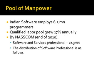  Indian Software employs 6.3 mn
programmers
 Qualified labor pool grew 17% annually
 By NASSCOM (end of 2010):
 Software and Services professional – 22.3mn
 The distribution of Software Professional is as
follows
 