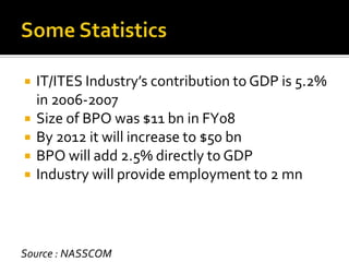 IT/ITES Industry’s contribution to GDP is 5.2%
in 2006-2007
 Size of BPO was $11 bn in FY08
 By 2012 it will increase to $50 bn
 BPO will add 2.5% directly to GDP
 Industry will provide employment to 2 mn
Source : NASSCOM
 