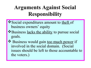 Arguments Against Social
Responsibility
Social expenditures amount to theft of
business owners’ equity
Business lacks the ability to pursue social
goals.
 Business would gain too much power if
involved in the social domain. (Social
issues should be left to those accountable to
the voters.)
 