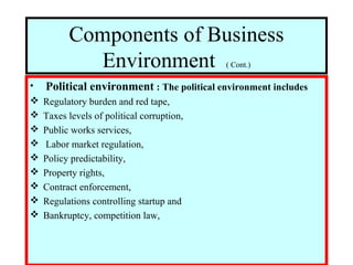 Components of Business
Environment ( Cont.)
• Political environment : The political environment includes
 Regulatory burden and red tape,
 Taxes levels of political corruption,
 Public works services,
 Labor market regulation,
 Policy predictability,
 Property rights,
 Contract enforcement,
 Regulations controlling startup and
 Bankruptcy, competition law,
 