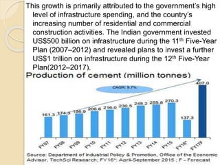 This growth is primarily attributed to the government’s high
level of infrastructure spending, and the country’s
increasing number of residential and commercial
construction activities. The Indian government invested
US$500 billion on infrastructure during the 11th Five-Year
Plan (2007–2012) and revealed plans to invest a further
US$1 trillion on infrastructure during the 12th Five-Year
Plan(2012–2017).
 