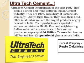 Ultra Tech Cement...!
UltraTech Cement incorporated in the year 1987, has
been a pioneer and trend-setter in Indian Cement
Industry. They are 100% subsidiary of Fortune 500
Company - Aditya Birla Group. They have their head-
office in Mumbai and are the largest producer of grey
cement in India. Their products are exported to
various countries in Middle East and neighbouring
Indian sub-continent countries. It has annual
production capacity of 66 Million Tonnes Per Annum
(MTPA) and has 12 operational plants across India.
Parent Company -
Grasim Industries
 
