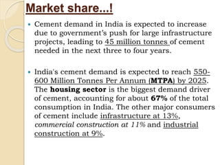 Market share...!
 Cement demand in India is expected to increase
due to government’s push for large infrastructure
projects, leading to 45 million tonnes of cement
needed in the next three to four years.
 India's cement demand is expected to reach 550-
600 Million Tonnes Per Annum (MTPA) by 2025.
The housing sector is the biggest demand driver
of cement, accounting for about 67% of the total
consumption in India. The other major consumers
of cement include infrastructure at 13%,
commercial construction at 11% and industrial
construction at 9%.
 