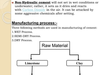 Non-Hydraulic cement will not set in wet conditions or
underwater; rather, it sets as it dries and reacts
with Carbon Dioxide in the air. It can be attacked by
some aggressive chemicals after setting.
Manufacturing process:-
Three following methods are used in manufacturing of cement:
1.WET Process.
2.SEMI-DRY Process.
3.DRY Process.
Raw Material
Limestone Clay
 