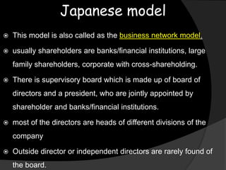 Japanese model
 This model is also called as the business network model.
 usually shareholders are banks/financial institutions, large
family shareholders, corporate with cross-shareholding.
 There is supervisory board which is made up of board of
directors and a president, who are jointly appointed by
shareholder and banks/financial institutions.
 most of the directors are heads of different divisions of the
company
 Outside director or independent directors are rarely found of
the board.
 