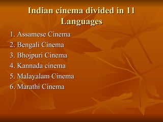 Indian cinema divided in 11 Languages 1. Assamese Cinema  2. Bengali Cinema  3. Bhojpuri Cinema 4. Kannada cinema 5. Malayalam Cinema 6. Marathi Cinema 