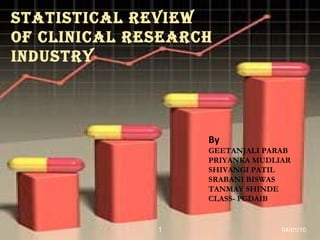 STATISTICAL REVIEW OF CLINICAL RESEARCH INDUSTRY By  GEETANJALI PARAB PRIYANKA MUDLIAR SHIVANGI PATIL SRABANI BISWAS TANMAY SHINDE CLASS- PGDAIB 04/01/10 