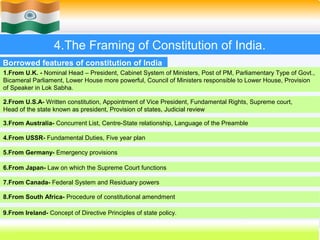 4.The Framing of Constitution of India.
Borrowed features of constitution of India
1.From U.K. - Nominal Head – President, Cabinet System of Ministers, Post of PM, Parliamentary Type of Govt.,
Bicameral Parliament, Lower House more powerful, Council of Ministers responsible to Lower House, Provision
of Speaker in Lok Sabha.

2.From U.S.A- Written constitution, Appointment of Vice President, Fundamental Rights, Supreme court,
Head of the state known as president, Provision of states, Judicial review

3.From Australia- Concurrent List, Centre-State relationship, Language of the Preamble

4.From USSR- Fundamental Duties, Five year plan

5.From Germany- Emergency provisions

6.From Japan- Law on which the Supreme Court functions

7.From Canada- Federal System and Residuary powers

8.From South Africa- Procedure of constitutional amendment

9.From Ireland- Concept of Directive Principles of state policy.

                                                                                29
 