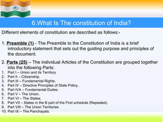 6.What Is The constitution of India?
Different elements of constitution are described as follows:-

1. Preamble (1) - The Preamble to the Constitution of India is a brief
   introductory statement that sets out the guiding purpose and principles of
   the document.
2. Parts (25) – The individual Articles of the Constitution are grouped together
   into the following Parts:
1. Part I – Union and its Territory
2. Part II – Citizenship.
3. Part III – Fundamental Rights.
4. Part IV – Directive Principles of State Policy.
5. Part IVA – Fundamental Duties.
6. Part V – The Union.
7. Part VI – The States.
8. Part VII – States in the B part of the First schedule (Repealed).
9. Part VIII – The Union Territories
10. Part IX – The Panchayats.
                                                                       41
 