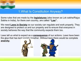 1.What Is Constitution Anyway?
Some rules that are made by the legislatures (also known as Lok sabha/Rajya
Sabha in India), for there own country, are called “Law”.
We need Laws in Society so our society can regulate and work properly. They
are designed to protect us and our property and to ensure that everyone in
society behaves the way that the community expects them too.

Laws tell us what to expect as a consequence of our actions. Laws have been
the glue that has kept society together. Without laws there would be complete
anarchy.




                                                        5
 