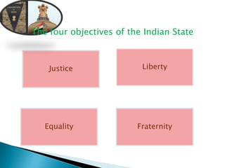 Justice Liberty
Equality Fraternity
The four objectives of the Indian State
 