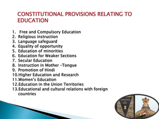 CONSTITUTIONAL PROVISIONS RELATING TO
EDUCATION
1. Free and Compulsory Education
2. Religious instruction
3. Language safeguard
4. Equality of opportunity
5. Education of minorities
6. Education for Weaker Sections
7. Secular Education
8. Instruction in Mother –Tongue
9. Promotion of Hindi
10.Higher Education and Research
11.Women’s Education
12.Education in the Union Territories
13.Educational and cultural relations with foreign
countries
 