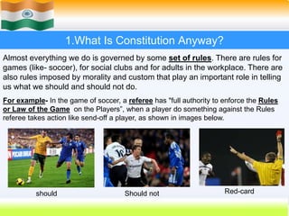 4
1.What Is Constitution Anyway?
Almost everything we do is governed by some set of rules. There are rules for
games (like- soccer), for social clubs and for adults in the workplace. There are
also rules imposed by morality and custom that play an important role in telling
us what we should and should not do.
For example- In the game of soccer, a referee has "full authority to enforce the Rules
or Law of the Game on the Players”, when a player do something against the Rules
referee takes action like send-off a player, as shown in images below.
should Should not Red-card
 