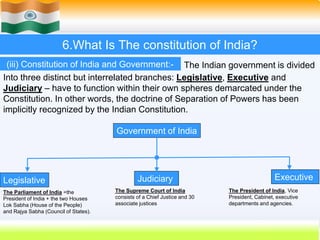 49
6.What Is The constitution of India?
(iii) Constitution of India and Government:-
Into three distinct but interrelated branches: Legislative, Executive and
Judiciary – have to function within their own spheres demarcated under the
Constitution. In other words, the doctrine of Separation of Powers has been
implicitly recognized by the Indian Constitution.
The Indian government is divided
Government of India
Executive
Judiciary
Legislative
The Parliament of India =the
President of India + the two Houses
Lok Sabha (House of the People)
and Rajya Sabha (Council of States).
The Supreme Court of India
consists of a Chief Justice and 30
associate justices
The President of India, Vice
President, Cabinet, executive
departments and agencies.
 