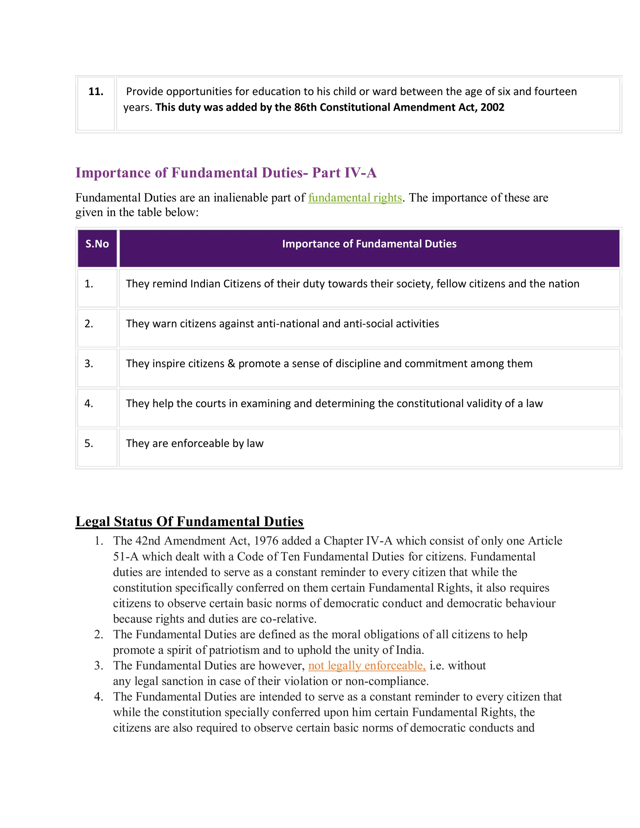 11. Provide opportunities for education to his child or ward between the age of six and fourteen
years. This duty was added by the 86th Constitutional Amendment Act, 2002
Importance of Fundamental Duties- Part IV-A
Fundamental Duties are an inalienable part of fundamental rights. The importance of these are
given in the table below:
S.No Importance of Fundamental Duties
1. They remind Indian Citizens of their duty towards their society, fellow citizens and the nation
2. They warn citizens against anti-national and anti-social activities
3. They inspire citizens & promote a sense of discipline and commitment among them
4. They help the courts in examining and determining the constitutional validity of a law
5. They are enforceable by law
Legal Status Of Fundamental Duties
1. The 42nd Amendment Act, 1976 added a Chapter IV-A which consist of only one Article
51-A which dealt with a Code of Ten Fundamental Duties for citizens. Fundamental
duties are intended to serve as a constant reminder to every citizen that while the
constitution specifically conferred on them certain Fundamental Rights, it also requires
citizens to observe certain basic norms of democratic conduct and democratic behaviour
because rights and duties are co-relative.
2. The Fundamental Duties are defined as the moral obligations of all citizens to help
promote a spirit of patriotism and to uphold the unity of India.
3. The Fundamental Duties are however, not legally enforceable, i.e. without
any legal sanction in case of their violation or non-compliance.
4. The Fundamental Duties are intended to serve as a constant reminder to every citizen that
while the constitution specially conferred upon him certain Fundamental Rights, the
citizens are also required to observe certain basic norms of democratic conducts and
 