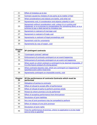 21      Effect of mistakes as to law
  22      Contract caused by mistake of one party as to matter of fact
  23      What considerations and objects are lawful, and what not
  24      Agreements void, if consideration and objects unlawful in part
          Agreement without consideration void, unless it is in writing and
  25      registered, or is a promise to compensation for something done, or is a
          promise to pay a debt barred by limitation law
  26      Agreement in restraint of marriage void
  27      Agreement in restraint of trade void

  28      Agreements in restraint of legal proceedings void

  29      Agreement void for uncertainty

  30      Agreements by way of wager, void


Chapter
          Of contingent contracts
  III
  31      "Contingent contract" defined
  32      Enforcement of contracts contingent on an event happening
  33      Enforcement of contracts contingent on an event not happening
          When event on which contract is contingent to be deemed impossible, if
  34
          it is the future conduct of a living person
          When contracts become void, which are contingent on happening of
  35
          specified event within fixed time
  36      Agreements contingent on impossible events, void


Chapter   Of the performance of contracts Contracts which must be
  IV      performed
  37      Obligation of parties to contracts
  38      Effect of refusal to accept offer of performance
  39      Effect of refusal of party to perform promise wholly
  40      Person by whom promise is to be performed
  41      Effect of accepting performance from third person
  42      Devolution of joint liabilities
  43      Any one of joint promisors may be compelled to perform

  44      Effect of release of one joint promisor

  45      Devolution of joint rights
          Time for performance of promise, where no application is to be made
  46
          and no time is specified
 