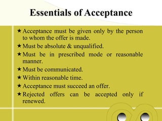 Essentials of Acceptance
Acceptance must be given only by the person
 to whom the offer is made.
Must be absolute & unqualified.
Must be in prescribed mode or reasonable
 manner.
Must be communicated.
Within reasonable time.
Acceptance must succeed an offer.
Rejected offers can be accepted only if
 renewed.
 